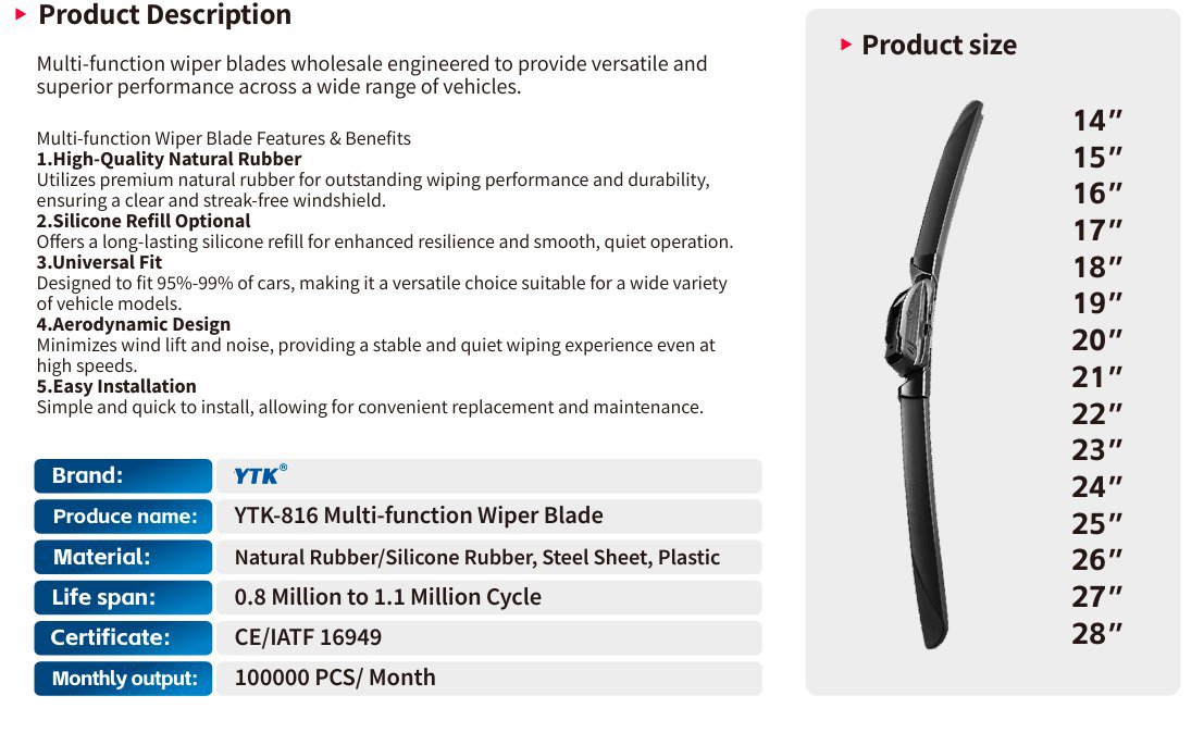 مسّاحات زجاج أمامي للسيارة YTK-816 Multi-Function Wiper Blade – مسح قوي وأداء ثابت في جميع الظروف